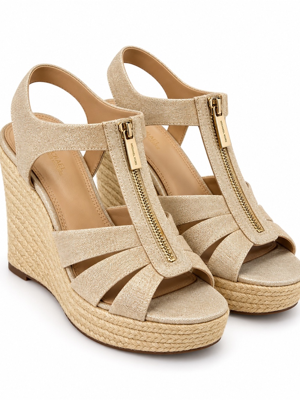 Michael Kors Damita Gold Espadrille Wedge Sandals 7M Zip Front Resort Boho